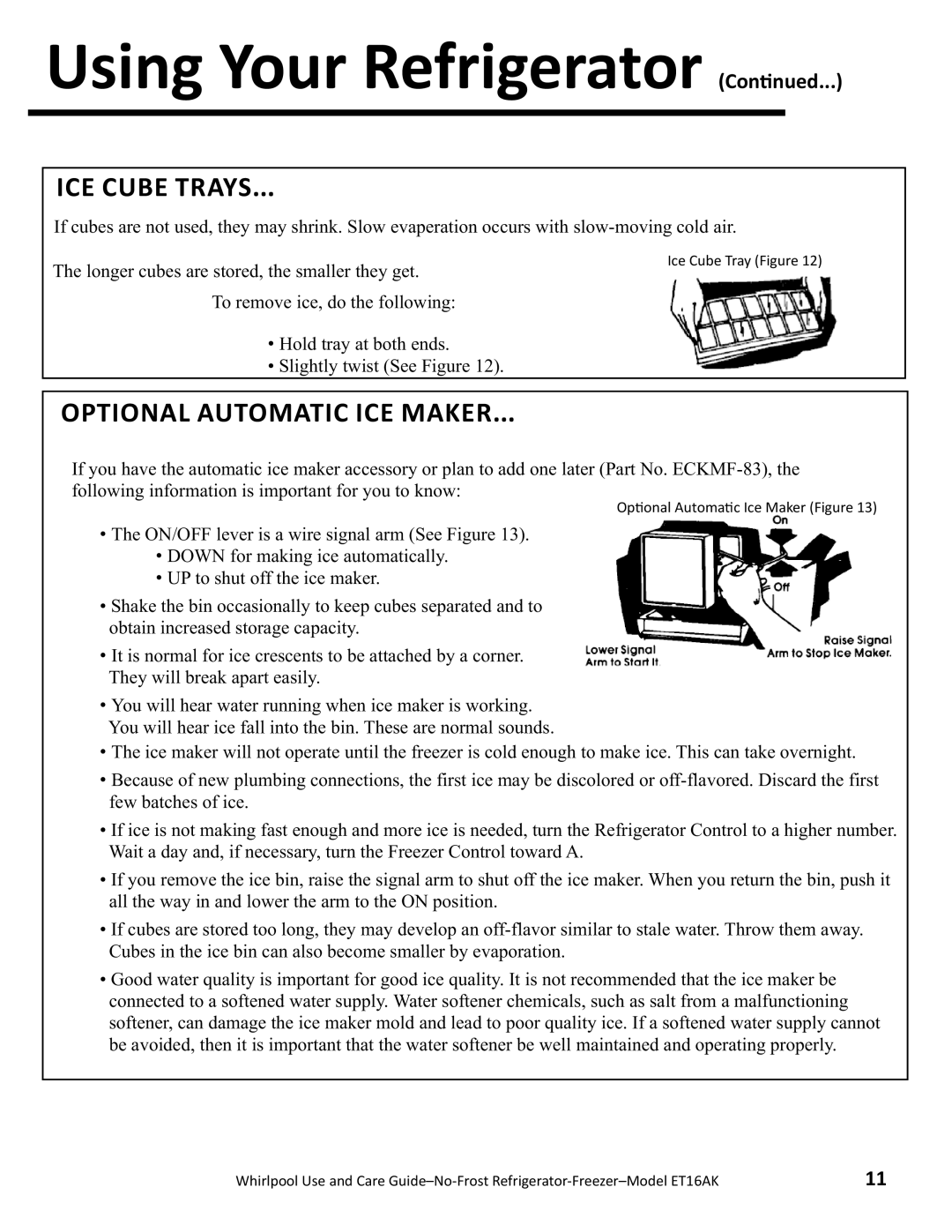 Whirlpool ET16AK manual ICE Cube Trays, Opti Onal Automatic ICE MAK ER 