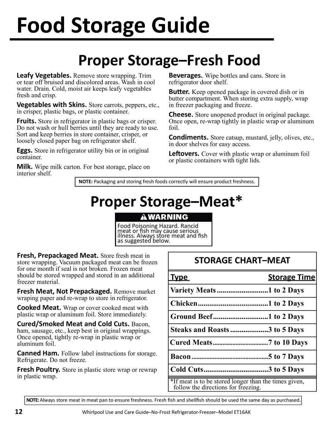 Whirlpool ET16AK manual Food Storage Guide, Storage CHART-MEAT, Fresh, Prepackaged Meat. Store fresh meat 