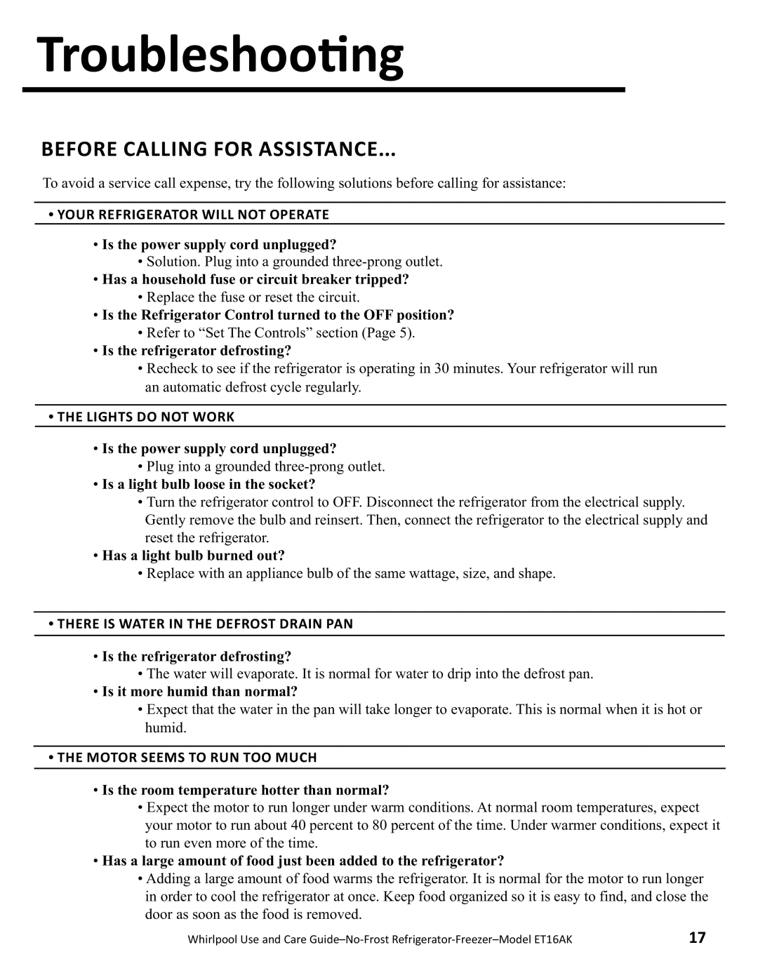 Whirlpool ET16AK manual Troubleshoo/ng, Before CA Llin G for Assistance 