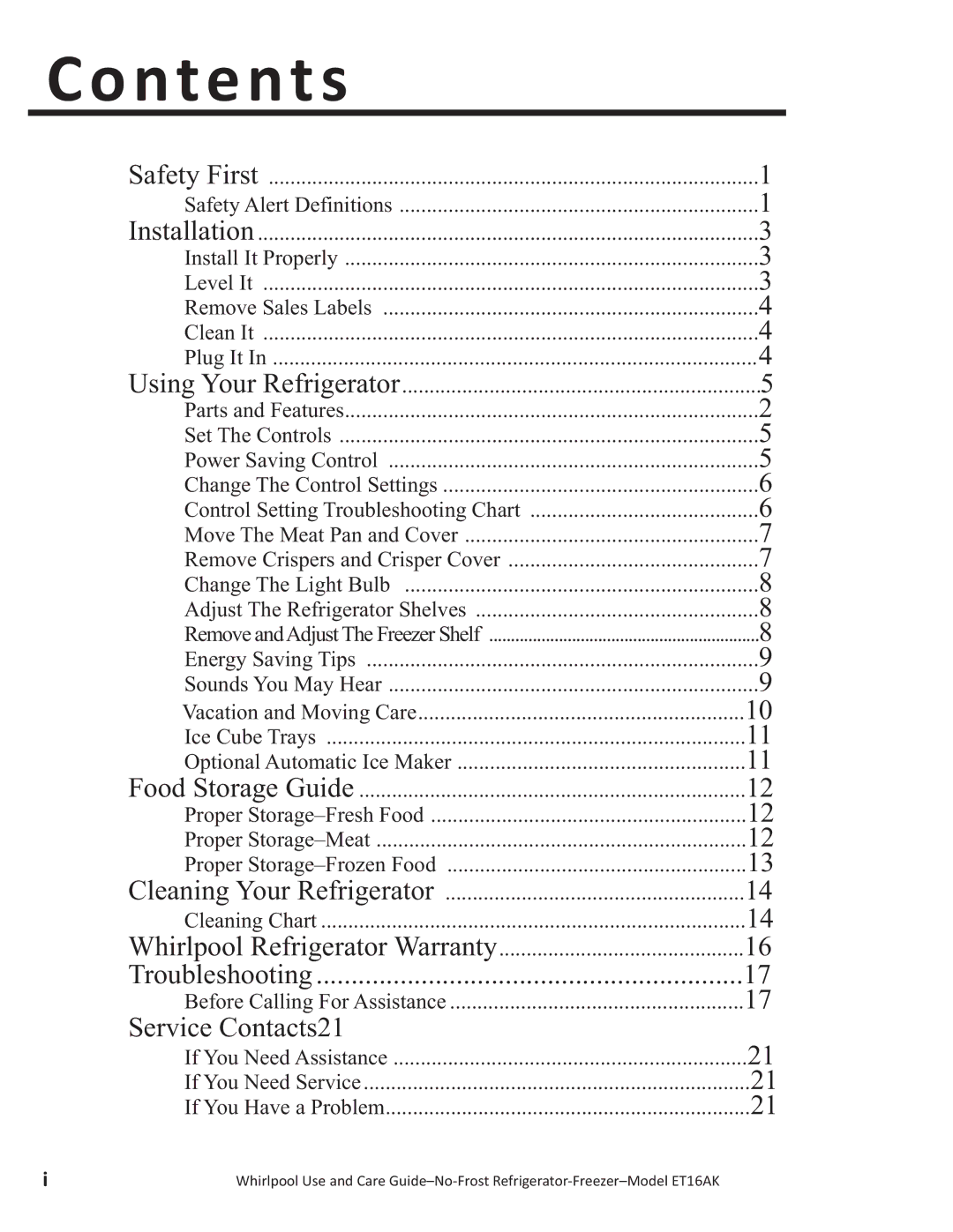 Whirlpool ET16AK manual Co ntents, Service Contacts21 
