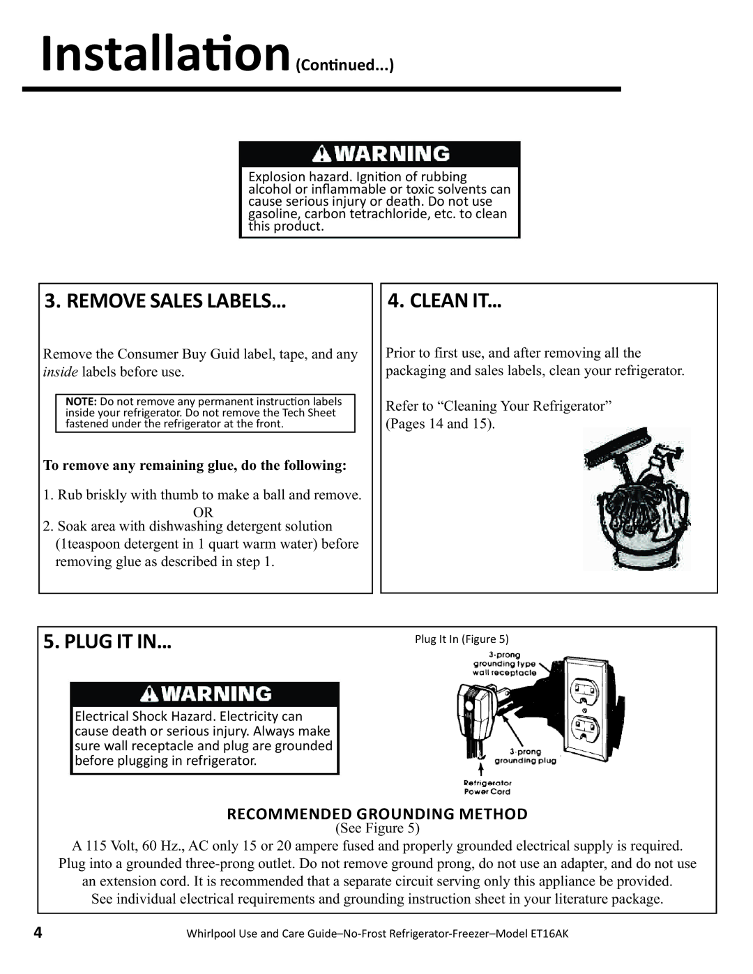 Whirlpool ET16AK manual Remove Sales Labels, Clean IT, Installa/onCon/nued, To remove any remaining glue, do the following 