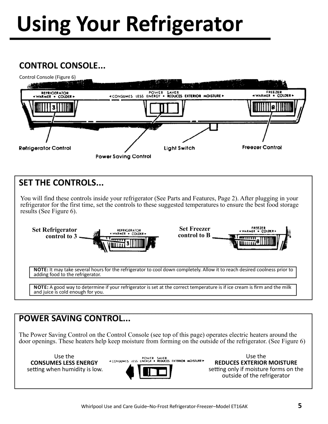 Whirlpool ET16AK manual Using Your Refrigerator, Control Console, SET the Controls, Power Saving Control 