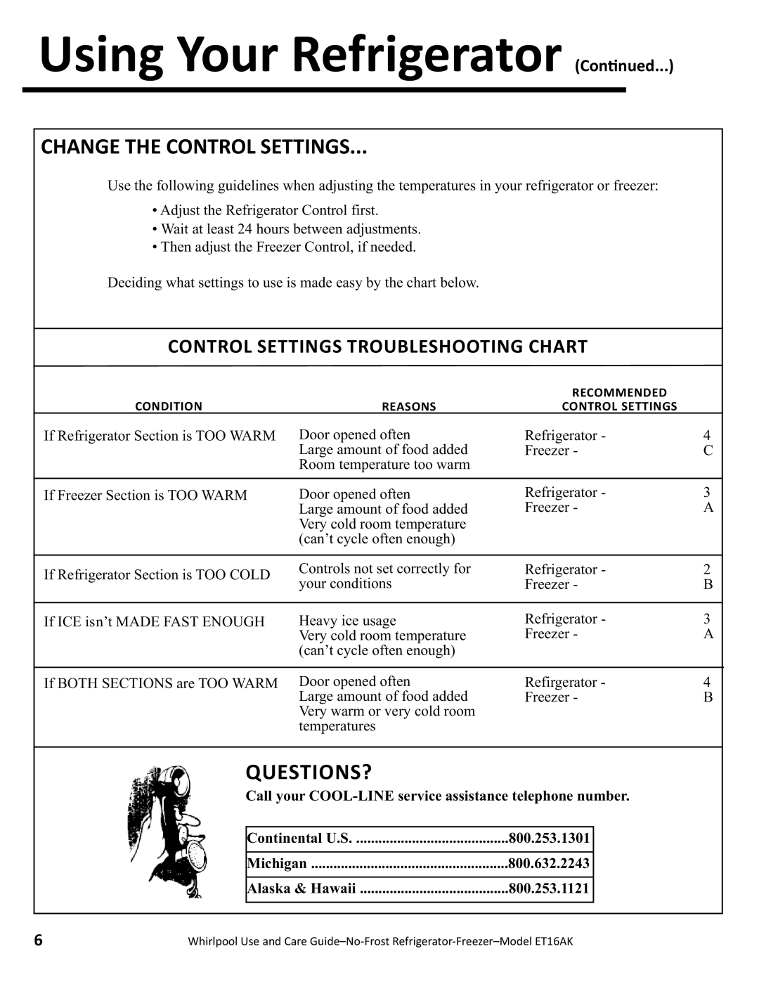 Whirlpool ET16AK manual Using Your Refrigerator Con/nued, Change the Control Settings, Questions ?, 800.632.2243 