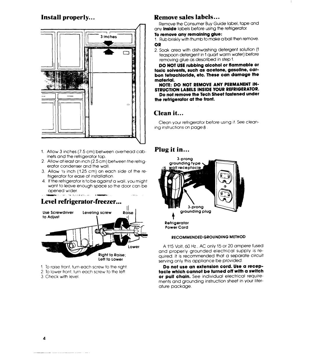 Whirlpool ET16AK manual Install properly Remove sales labels, Clean it, Plug it Level refrigerator-freezer 