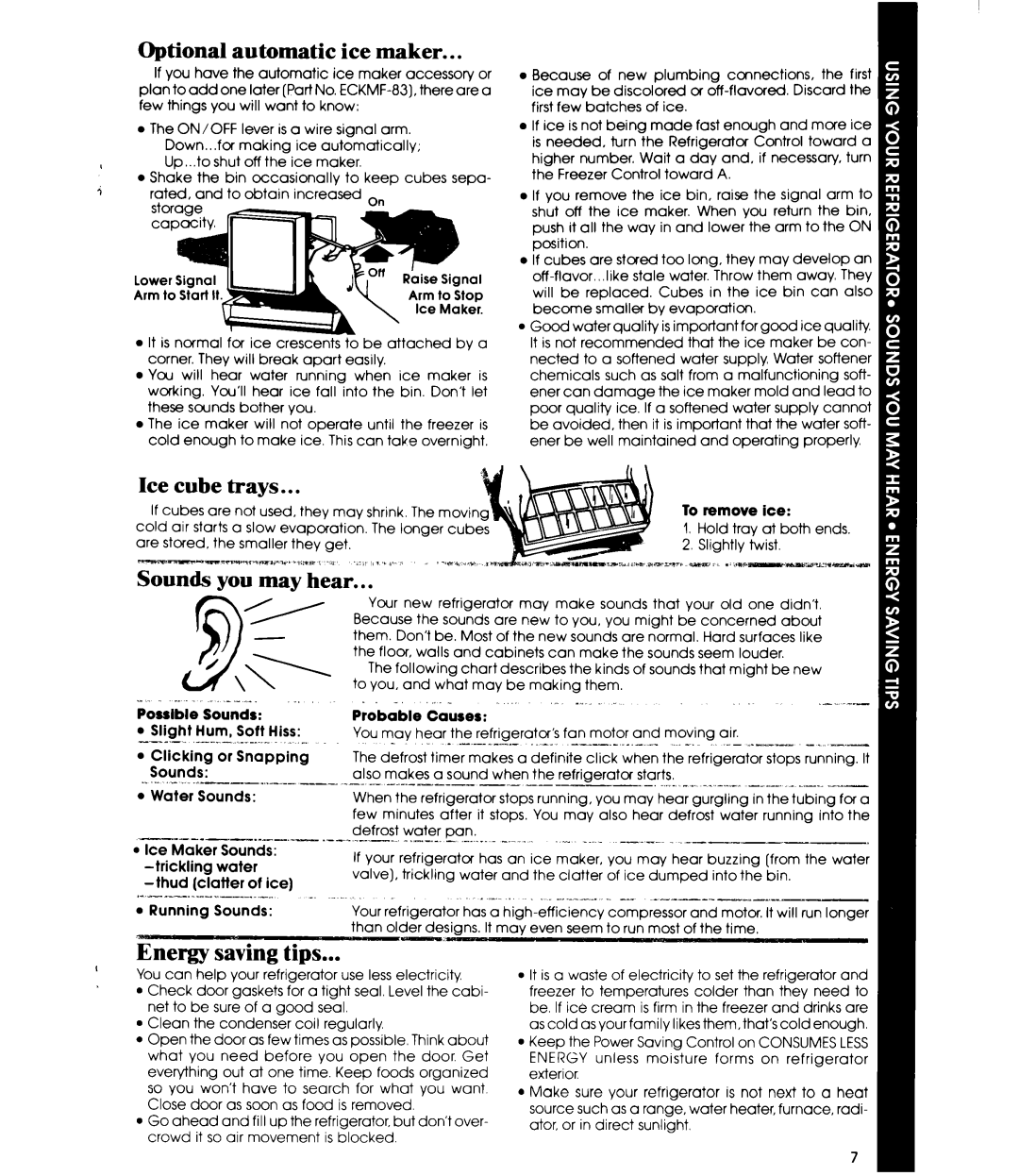 Whirlpool ET16AK manual Optional automatic ice maker, Ice cube trays, Sounds you may hear, Rpr-edeZTI1..zrY..*~W.ESjb3 