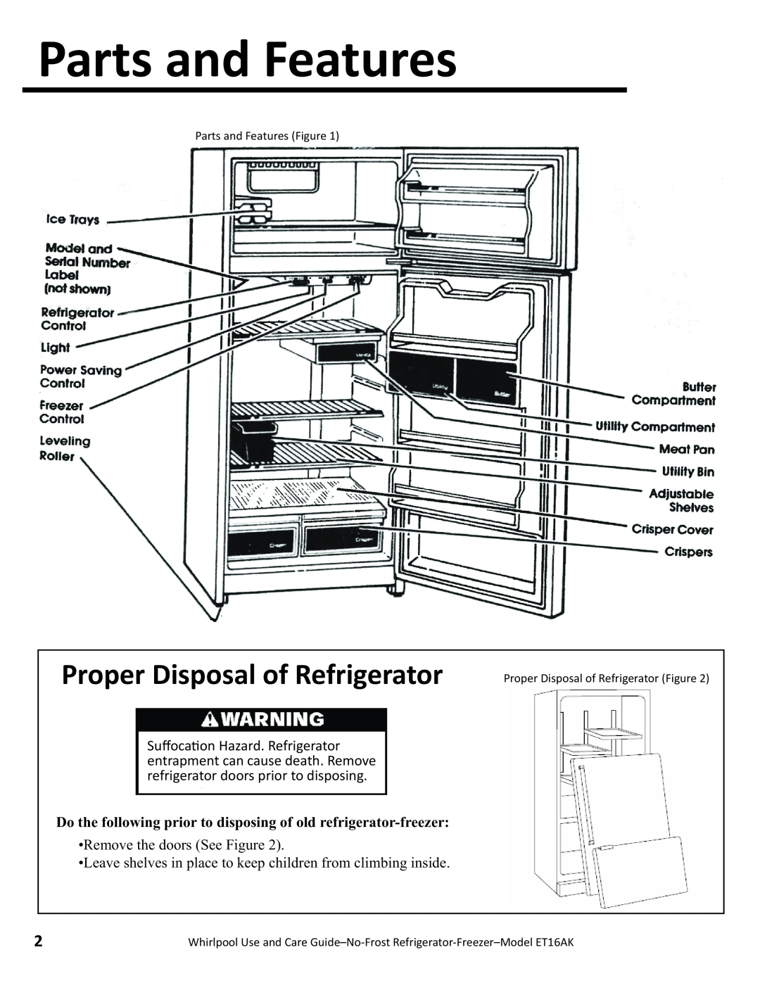 Whirlpool ET16AK manual Parts and Features Figure, Proper Disposal of Refrigerator Figure 