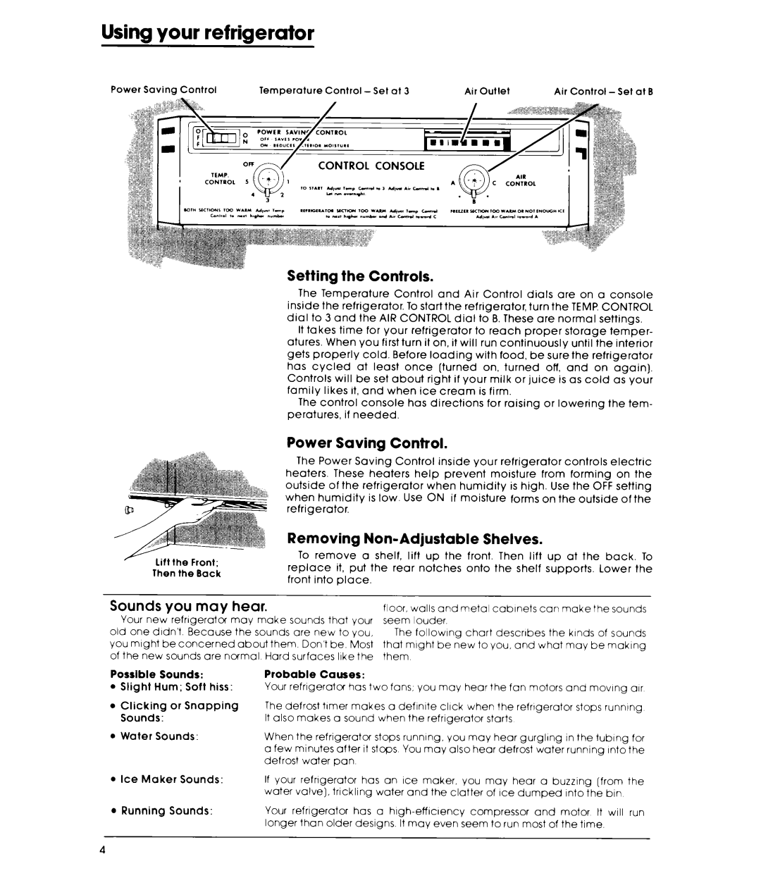 Whirlpool ET16AKXL warranty Using your refrigerator, Setting, Power Saving Control, Non-Adjustable, May Hear 