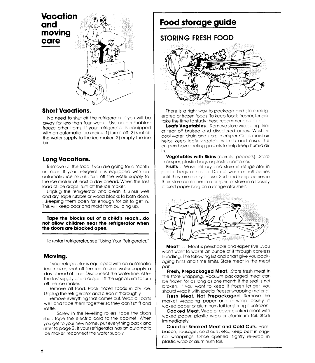 Whirlpool ET16AKXL warranty D1’, Food storage guide, Storing Fresh Food 