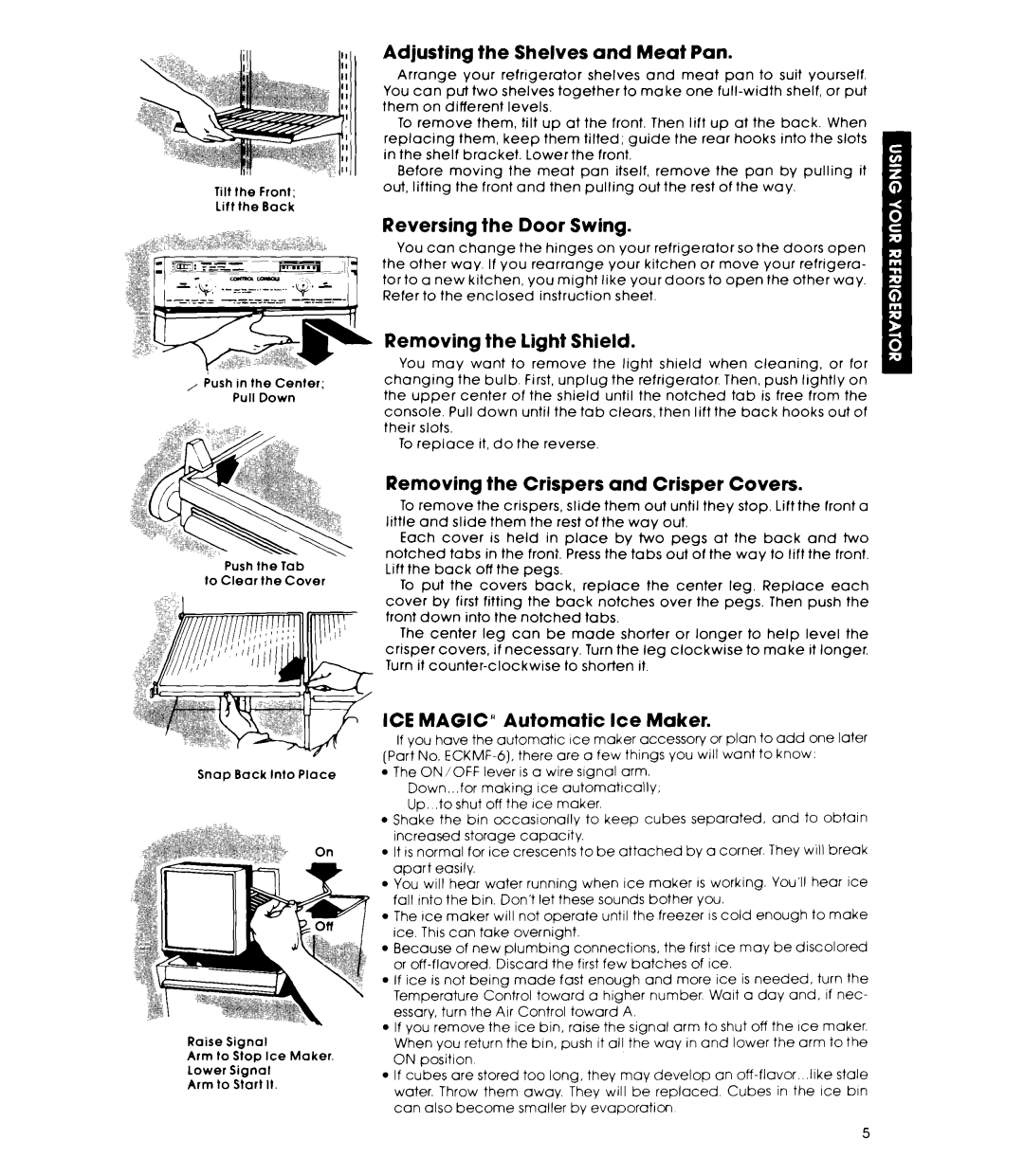 Whirlpool ET16AKXL Adjusting the Shelves and Meat Pan, Reversing the Door Swing, Removing, Shield, Crispers, Covers, light 