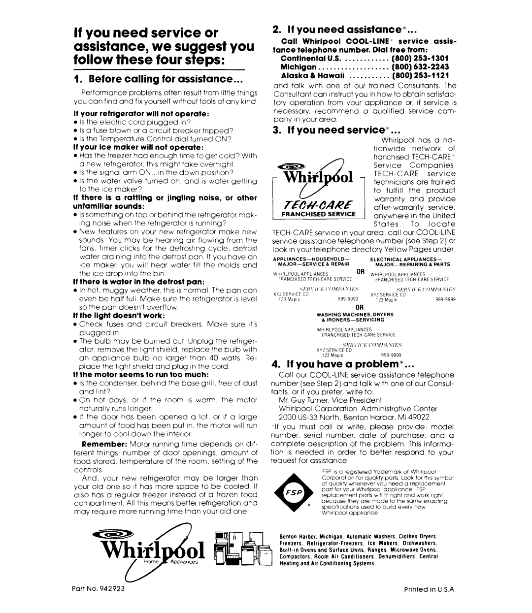 Whirlpool ET16AKXL warranty I. Before calling for assistance, If you need assistance, If you have a problem, service 