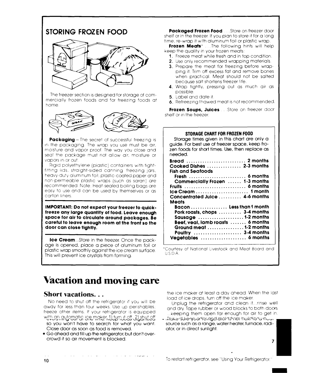 Whirlpool ET16AKXR manual Vacation and moving care, Short vacations, Long vacations 