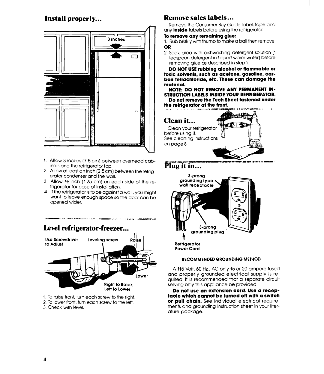 Whirlpool ET16AKXR manual Install properly Remove sales labels, Clean it, Level refrigerator-freezer 