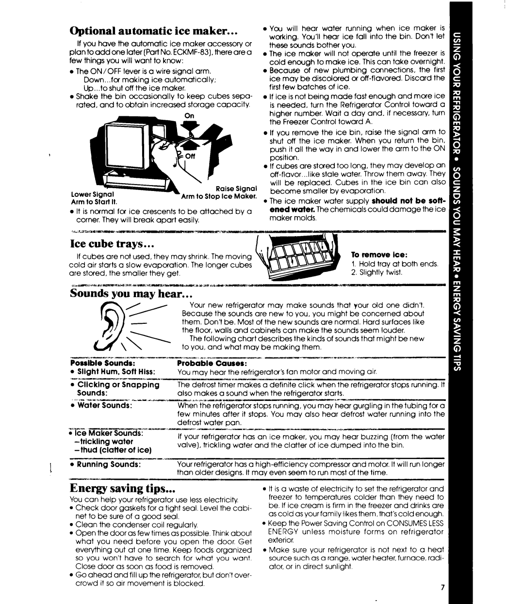 Whirlpool ET16AKXR manual Optional automatic ice maker, Trays, Sounds you may hear, Energy Saving, Tips 