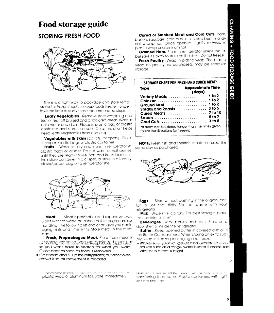 Whirlpool ET16AKXR manual Food storage guide, Storagechartforfreshand Curedmeat 