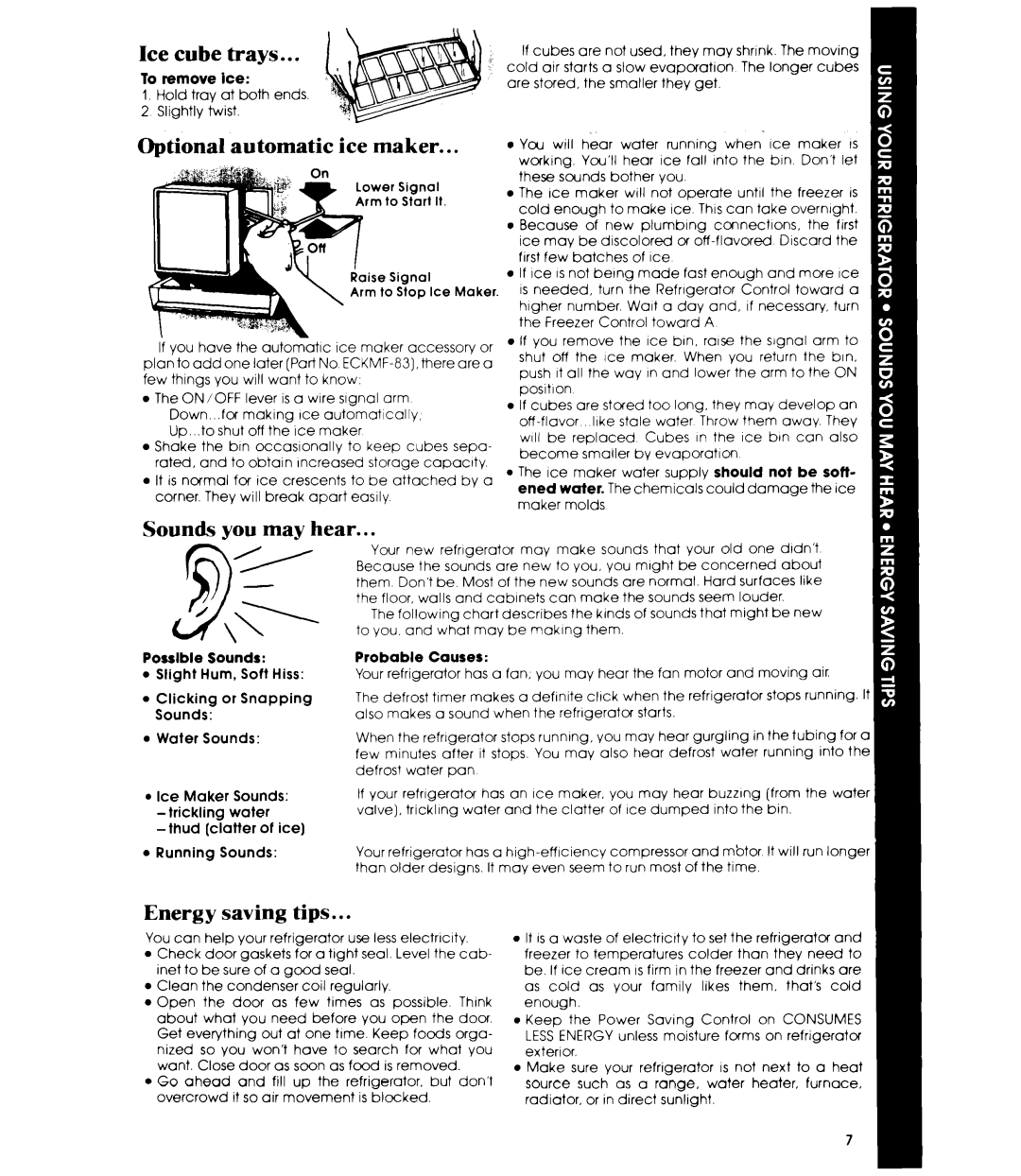 Whirlpool ET16EP manual Ice cube trays, Optional automatic ice maker, Hear, Energy saving tips 