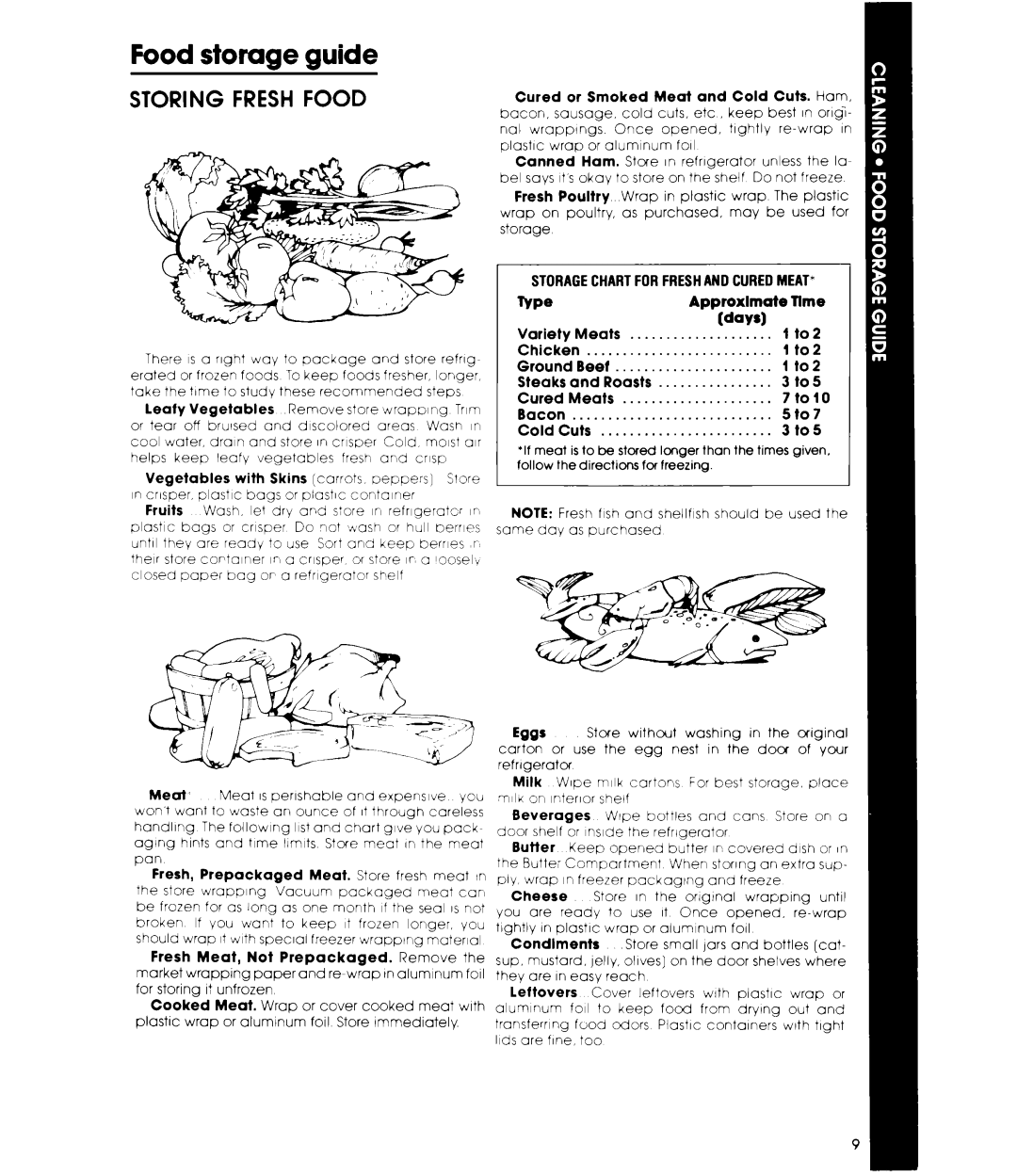 Whirlpool ET16EP manual Food storage guide, Storagechartforfreshand Curedmeat 