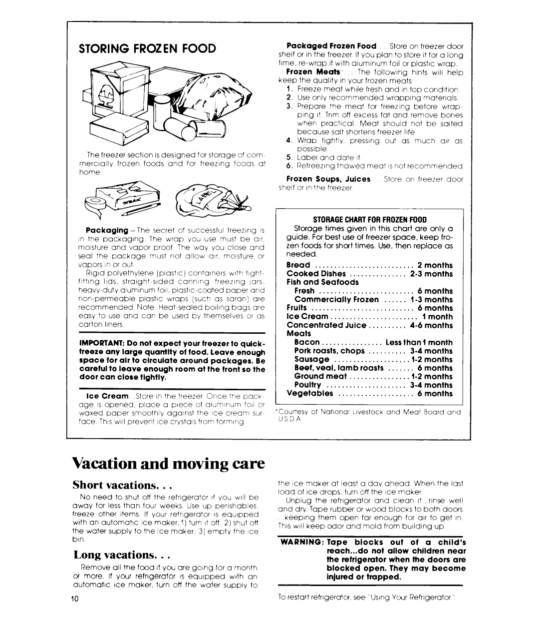 Whirlpool ET16EP manual Vacation and moving care, Storing Frozen Food, Short vacations, Long vacations 