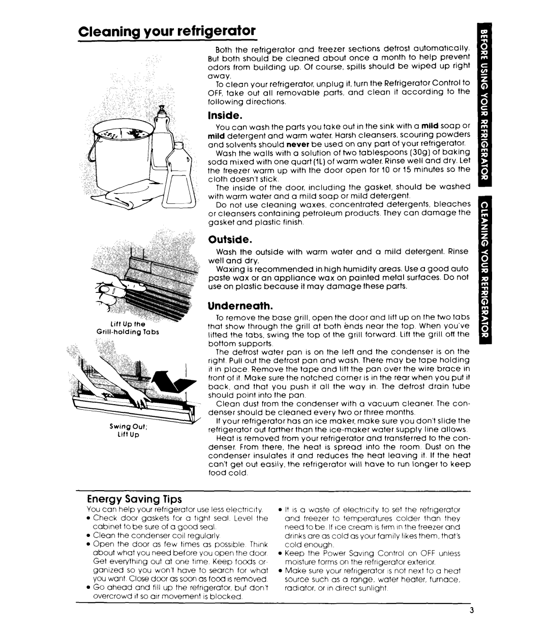 Whirlpool ET16JKXL warranty Cleaning your refrigerator, Inside, Outside, Energy Saving Tips Underneath 