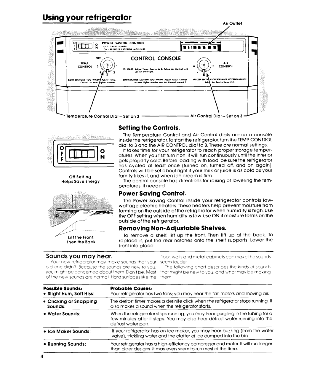 Whirlpool ET16JKXL warranty Setting Controls, Power Saving Control, Removing Non-Adjustable Shelves, Sounds You May Hear 