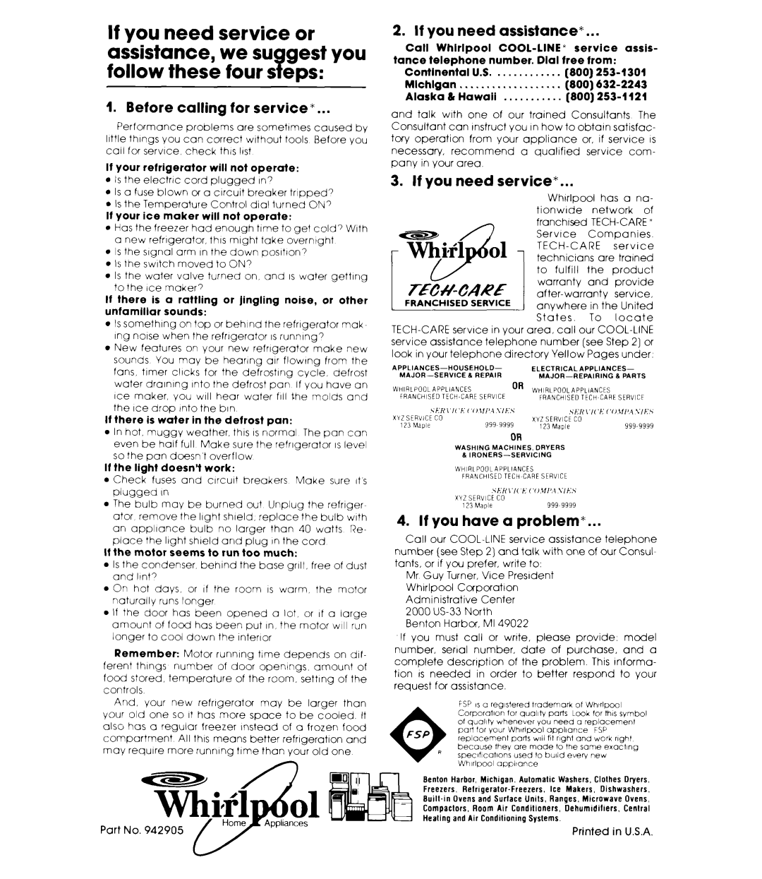 Whirlpool ET16JKXL Before calling for service, If you need assistance, If you need service, If you have a problem, Fsp 