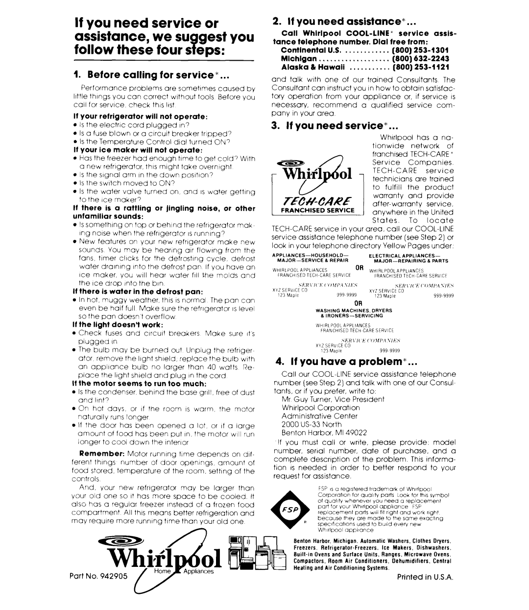 Whirlpool ET16JKXL warranty Before calling for service, If you need assistance, If you need service, If you have a problem 