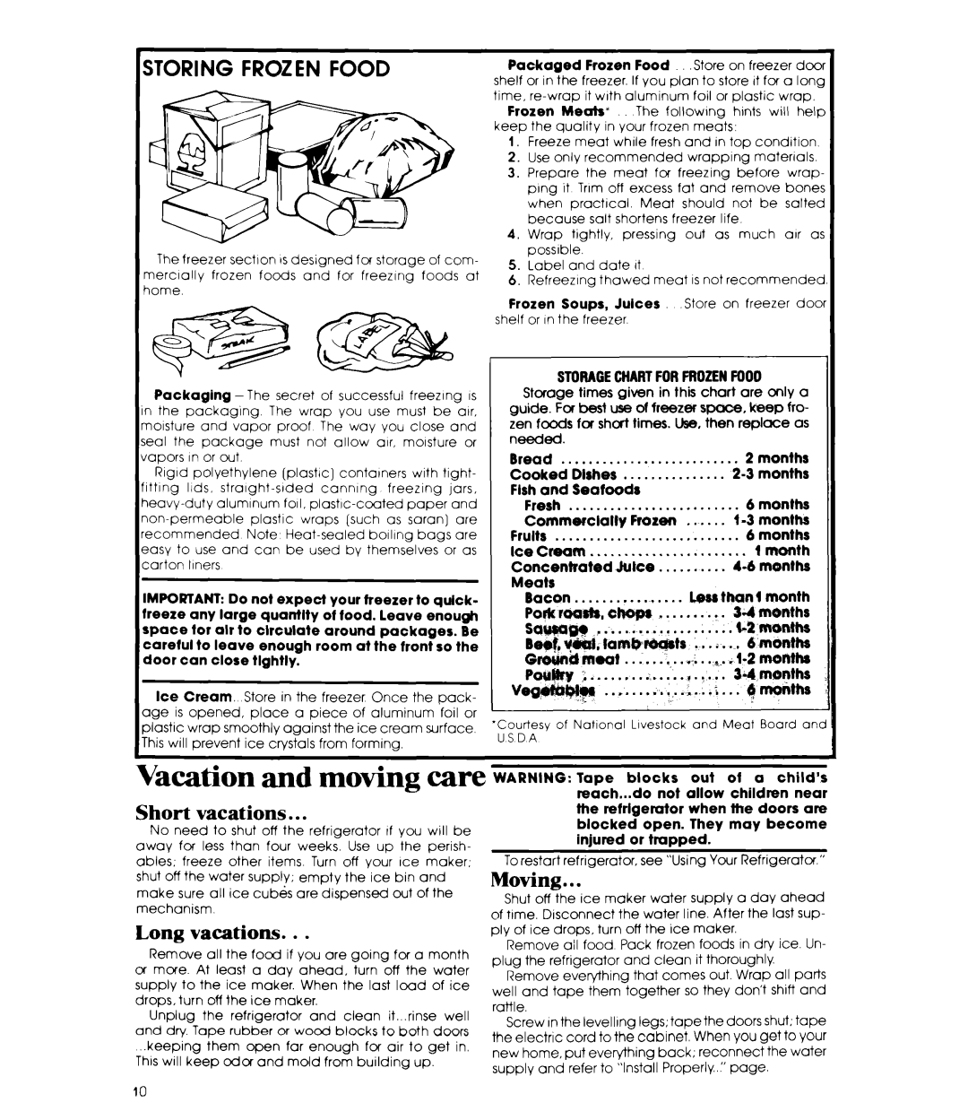 Whirlpool ET16JM manual Short vacations, Long vacations, Moving, Storagechartforfrozeenfood, So~W 