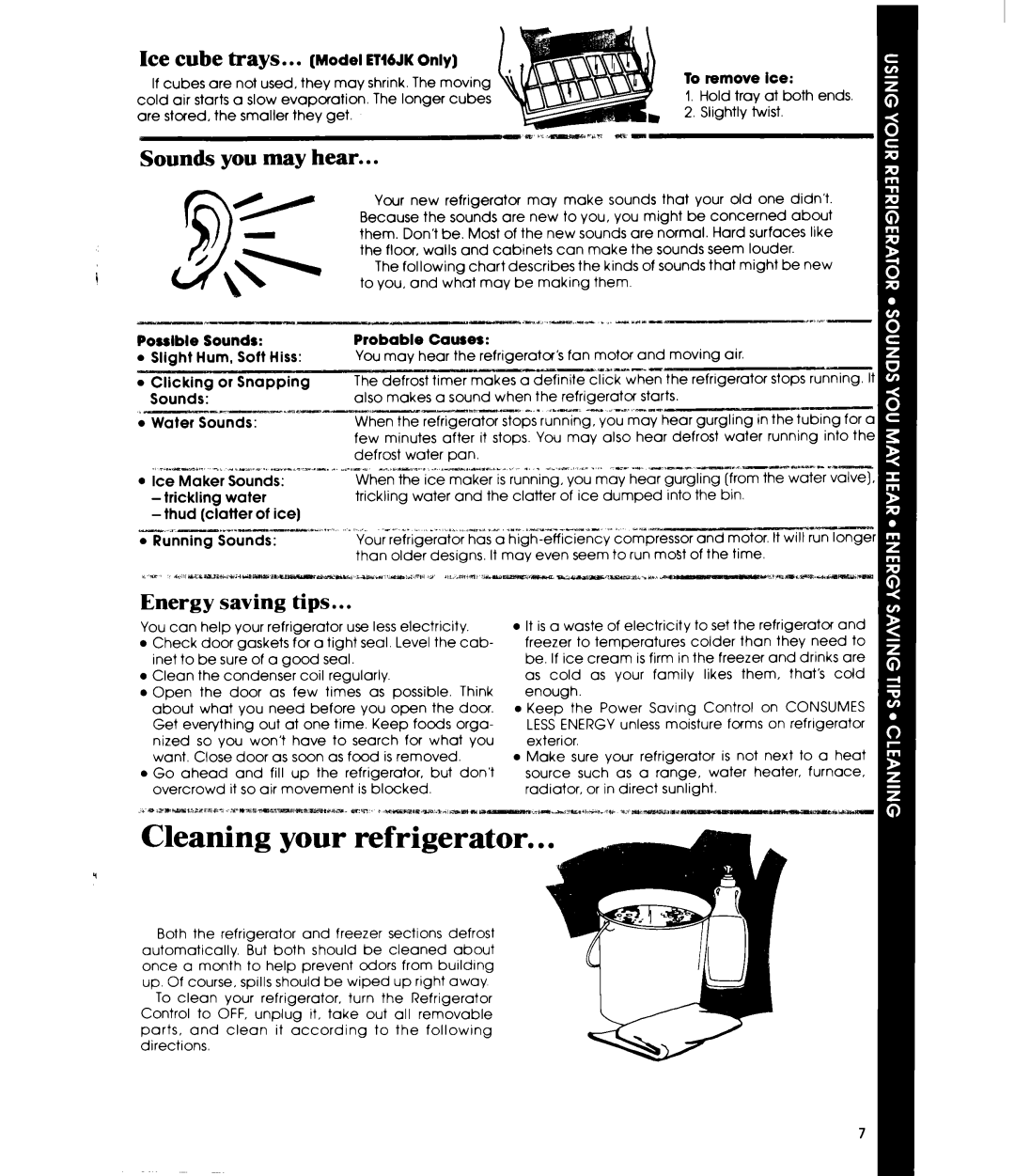 Whirlpool ET16JM manual Ice cube trays.. . Model Etmjk Only, Sounds you may hear, Energy saving tips, To remove ice 