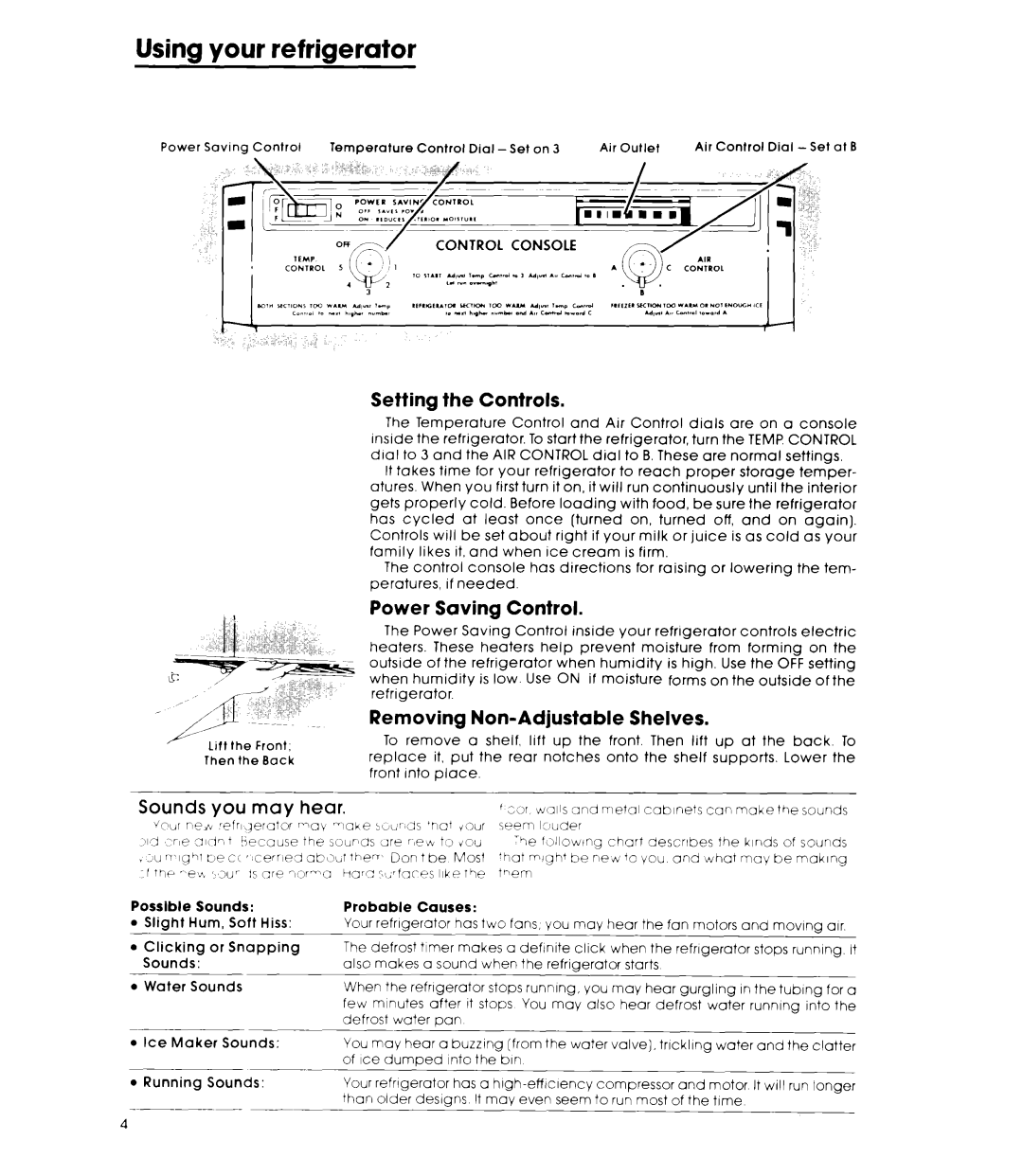 Whirlpool ET16JMXL warranty Using your refrigerator, Setting, Power Saving Control, Removing Non-Adjustable Shelves 