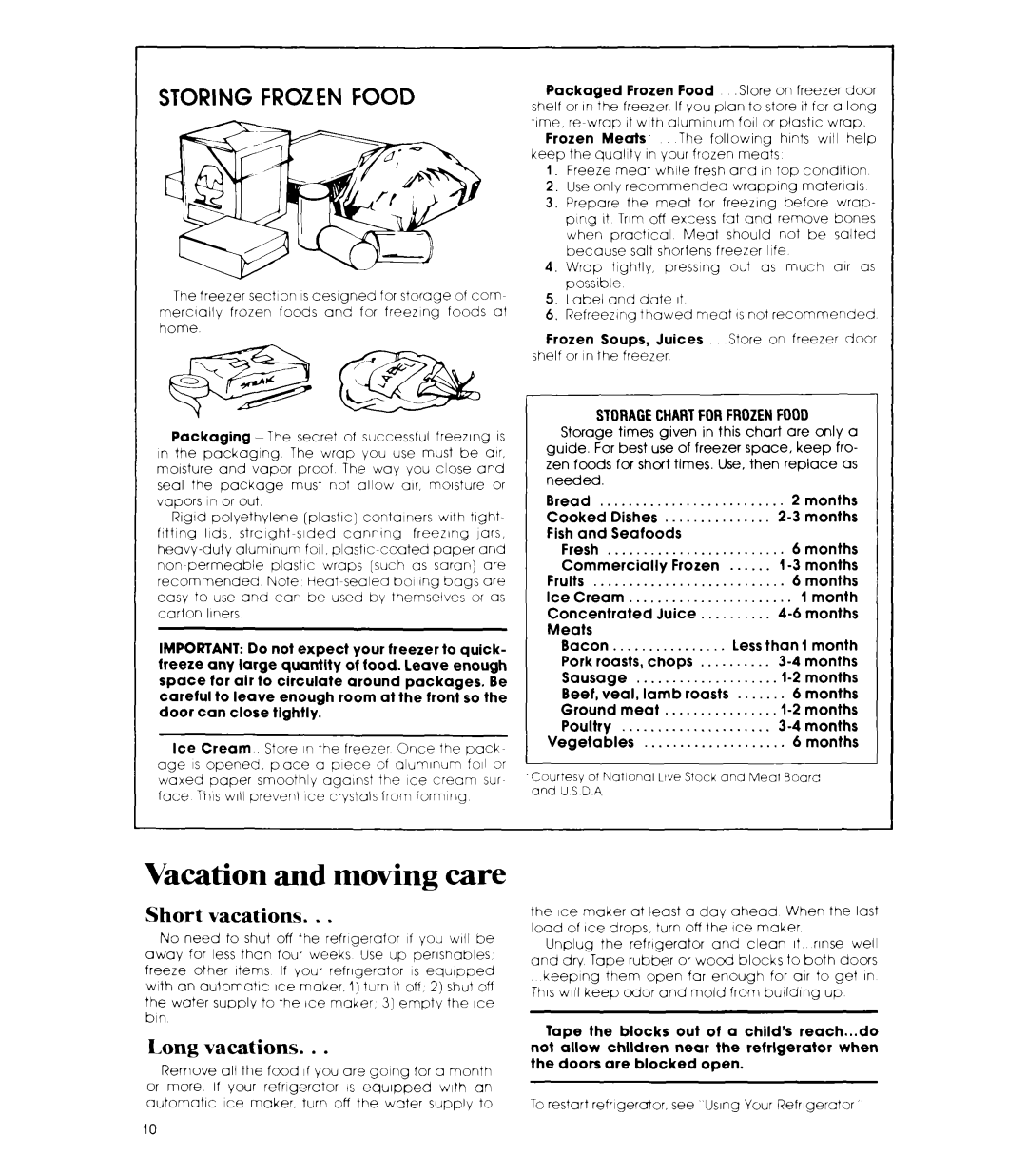 Whirlpool ET16TK manual Vacation and moving care, Short vacations, Long vacations, Storagechartfor Frozenfood 