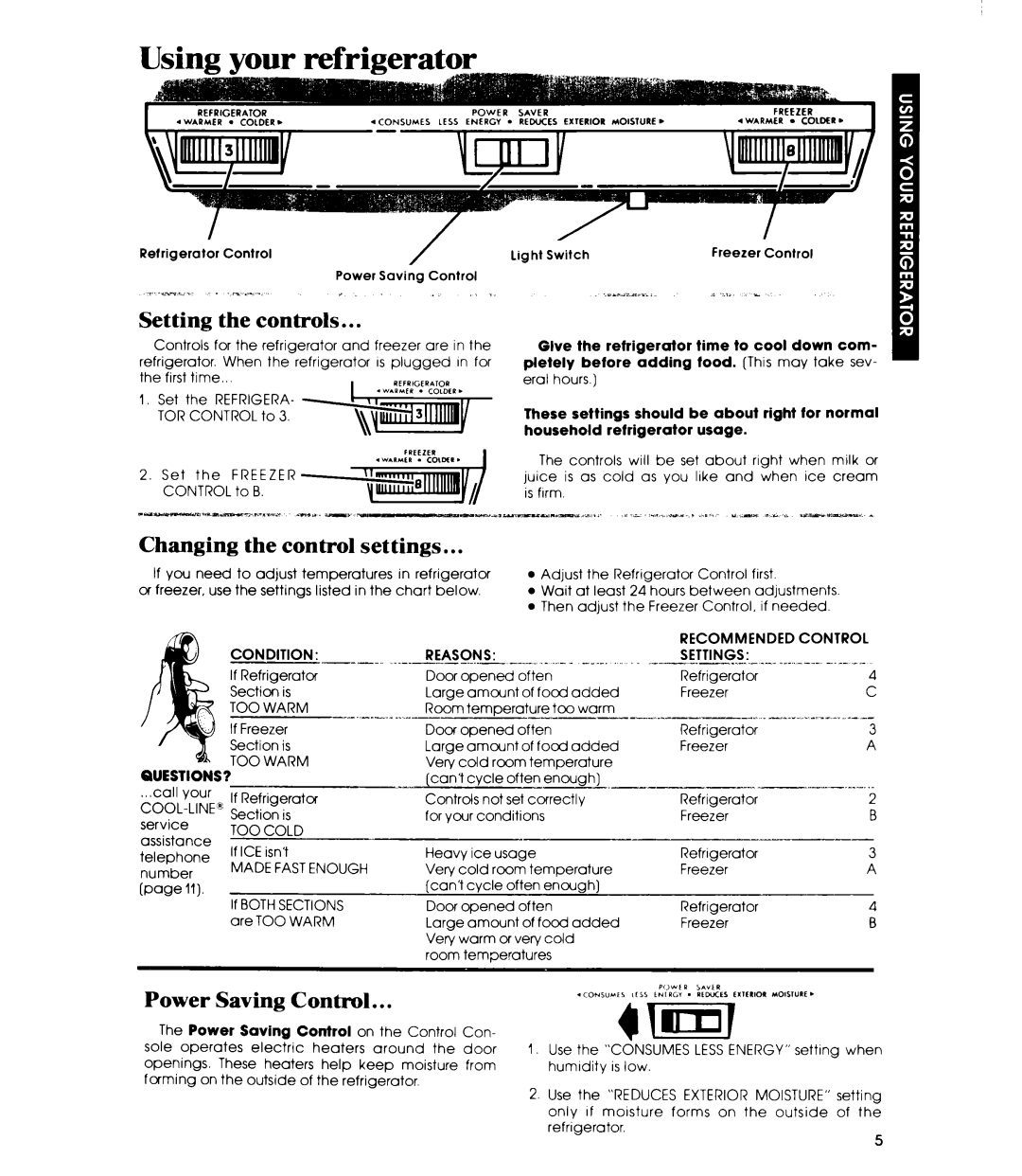 Whirlpool ET16TK manual Setting Controls, Changing the control settings, Power Saving Control 