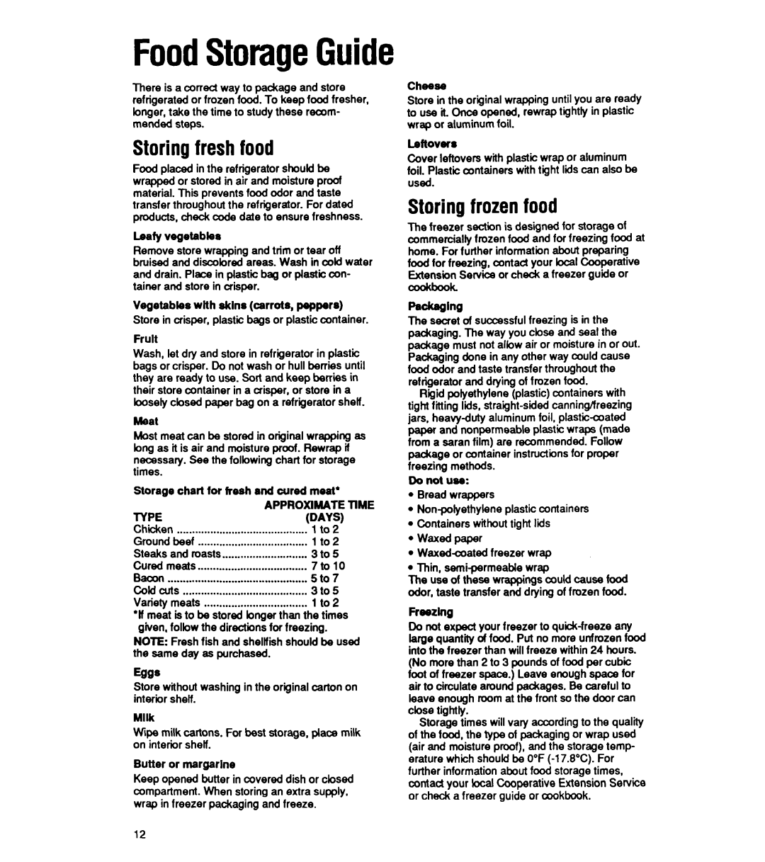 Whirlpool ET16XK manual FoodStorageGuide, Do not use Bread wrappers 