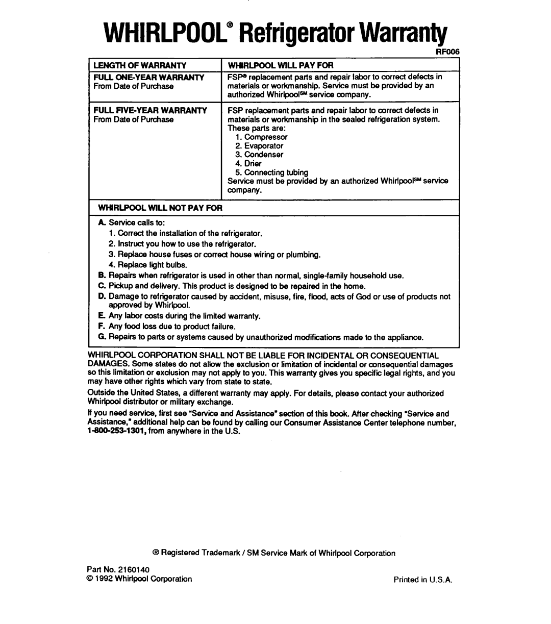 Whirlpool ET16XK manual WHIRLPOOLRefrigeratorWarranty, From Date of Purchase, Authorized Whirlpoola service company 