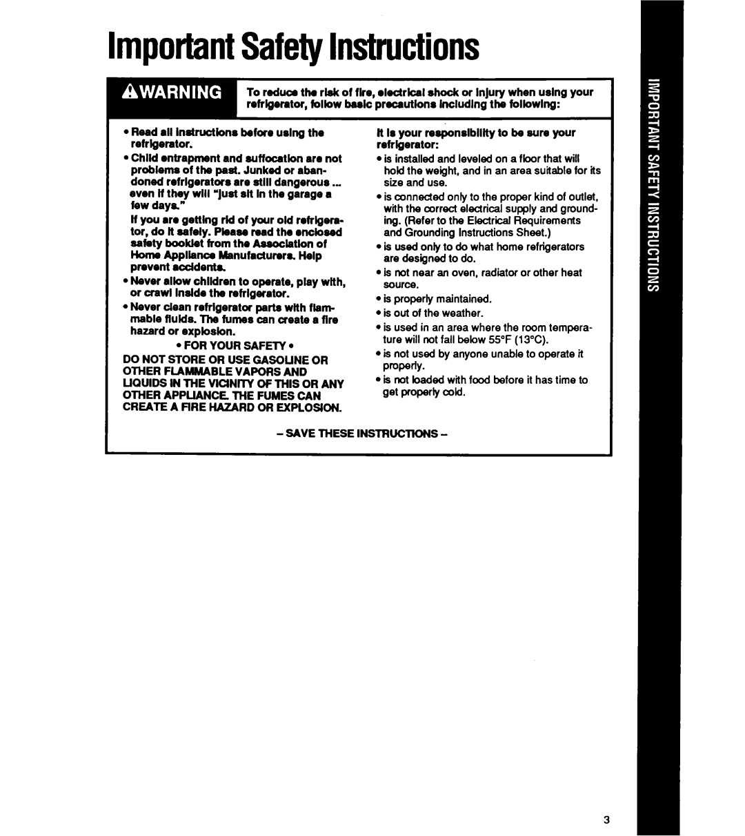 Whirlpool ET16XK manual ImportantSafetyInstructions 