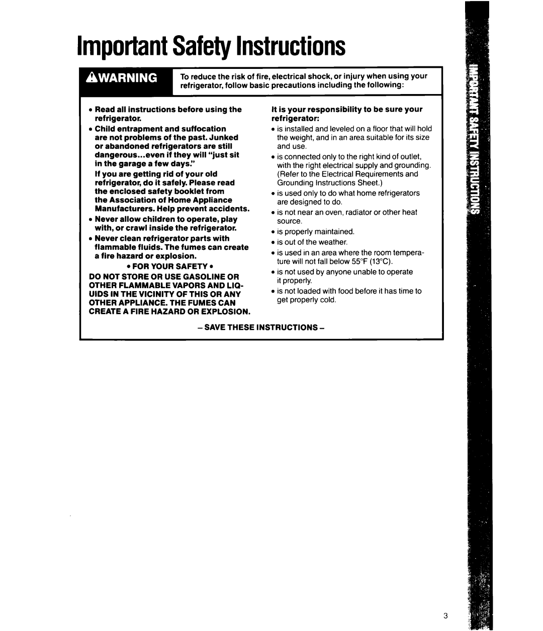 Whirlpool ET180K manual ImportantSafetyInstructions 