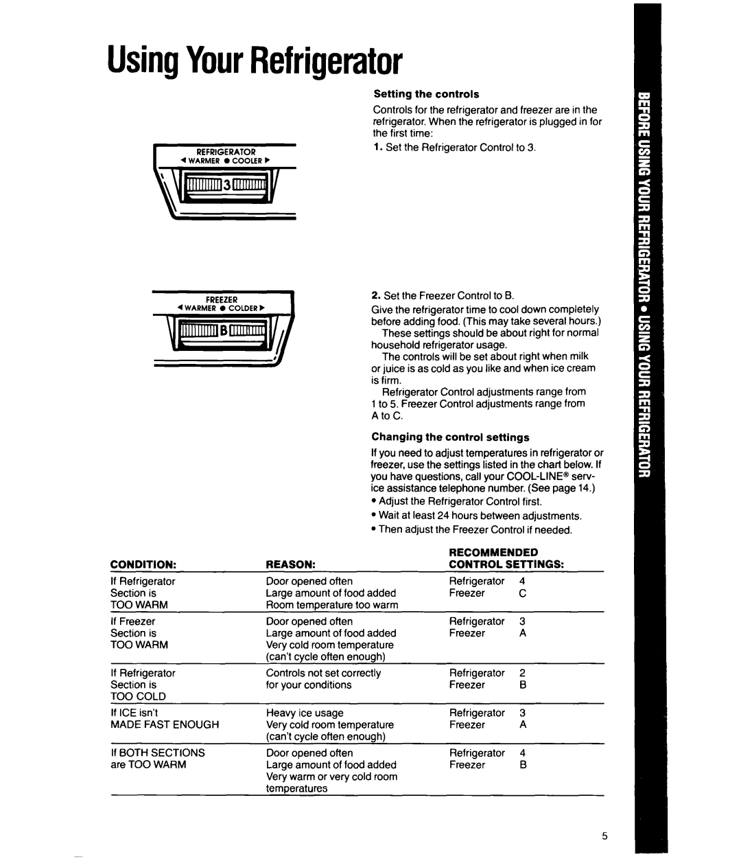 Whirlpool ET180K manual UsingYourRefrigerator, Condition Reason, TOO Warm, TOO Cold, Fast Enough 