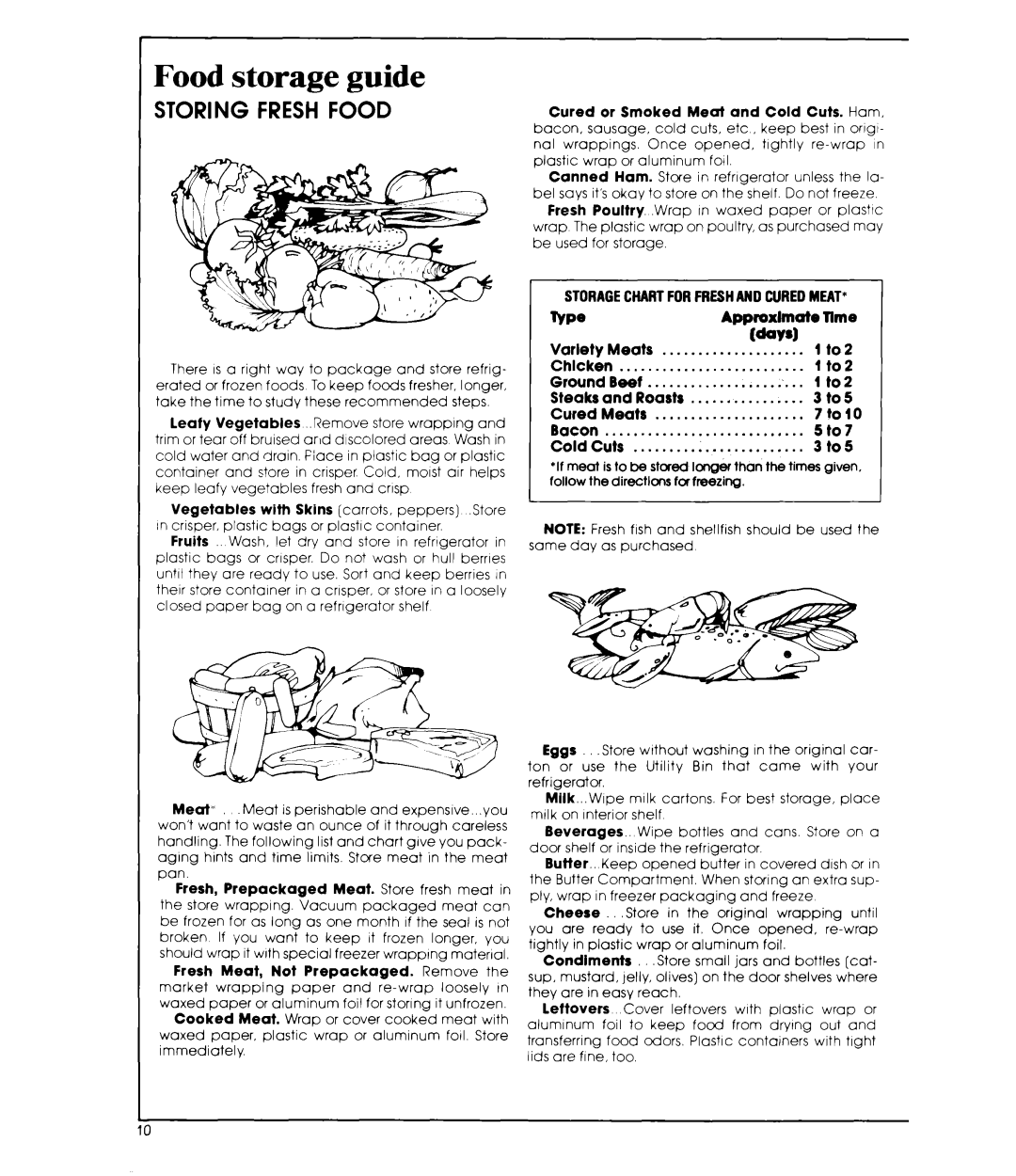 Whirlpool ET18AK manual Food storage guide, STORAGECHARTFORFRESHAR0 Curedmeat 