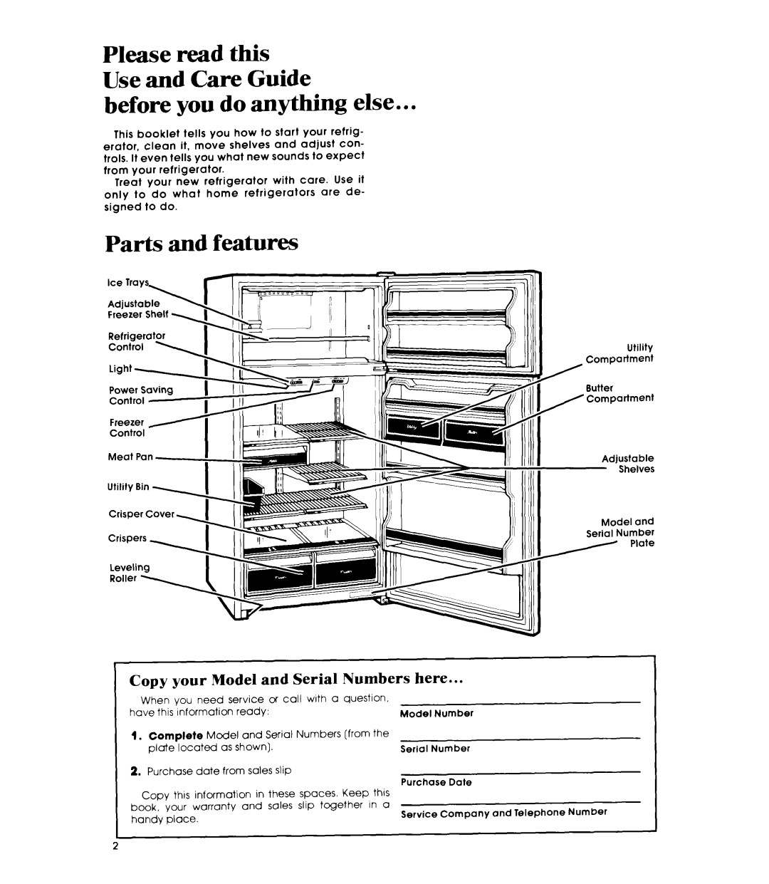 Whirlpool ET18AK manual Before you do anything else, Parts and features, Copy your Model and Serial Numbers here 