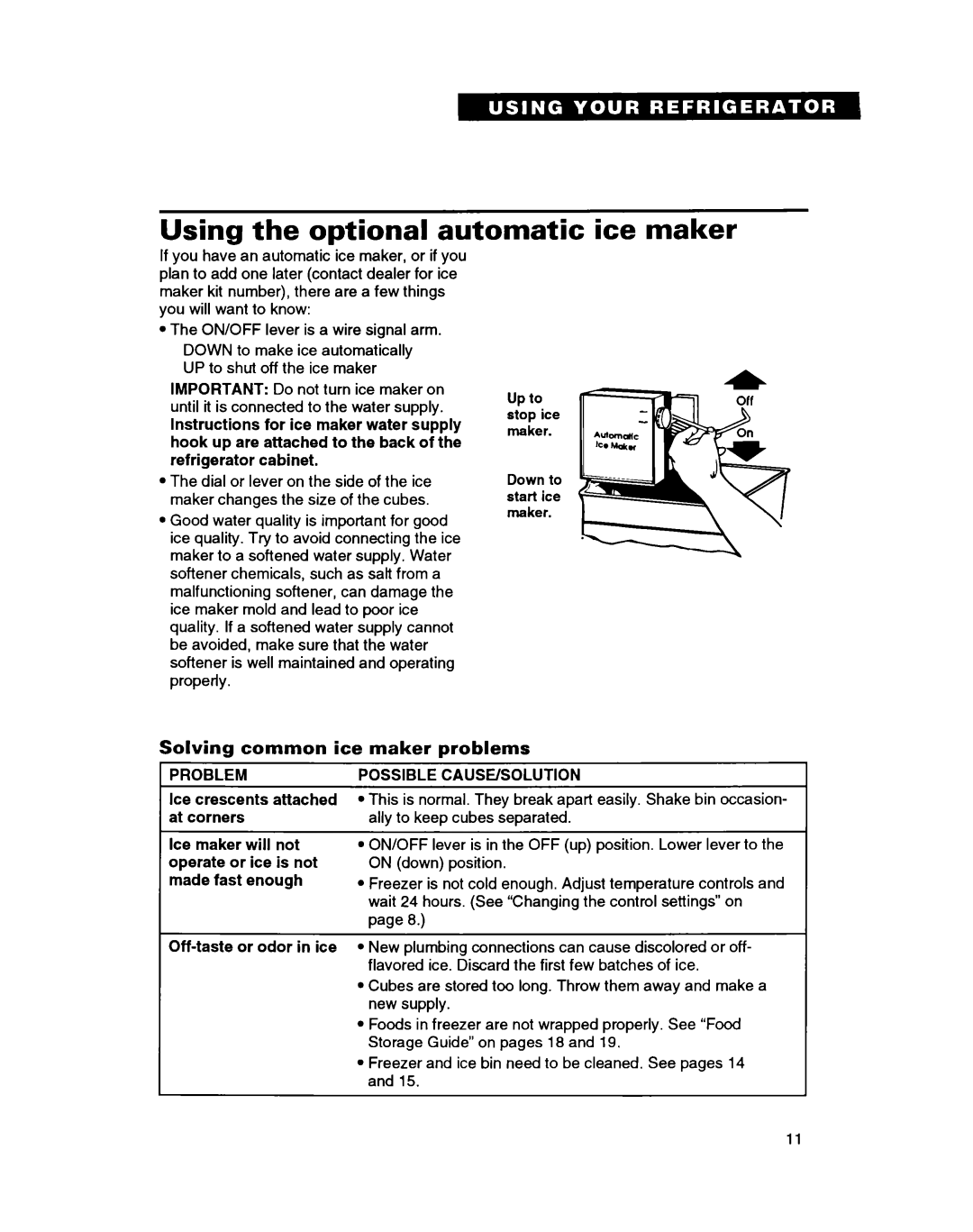 Whirlpool ET18GK warranty Using the optional automatic ice maker, Solving common ice maker problems, Problem 