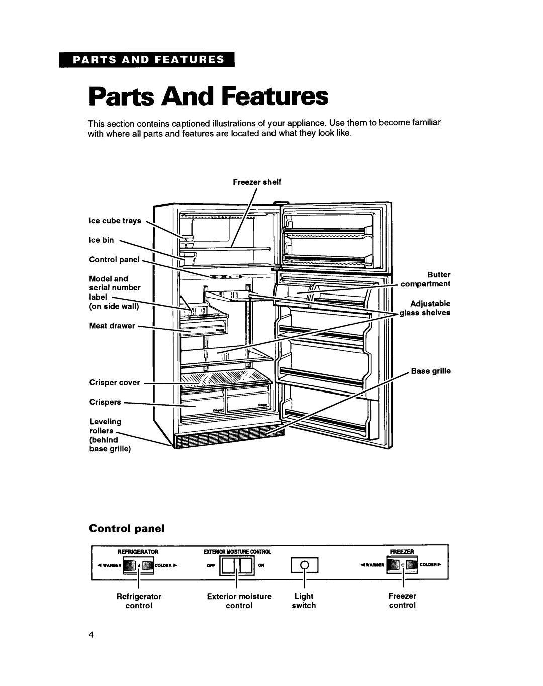 Whirlpool ET18GK warranty Parts And Features, Control panel 