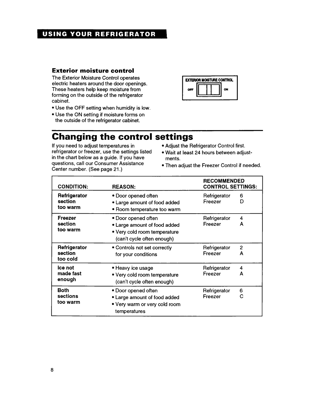 Whirlpool ET18GK warranty Changing the control, Settings, Exterior moisture control, Recommended, Condition Reason Control 