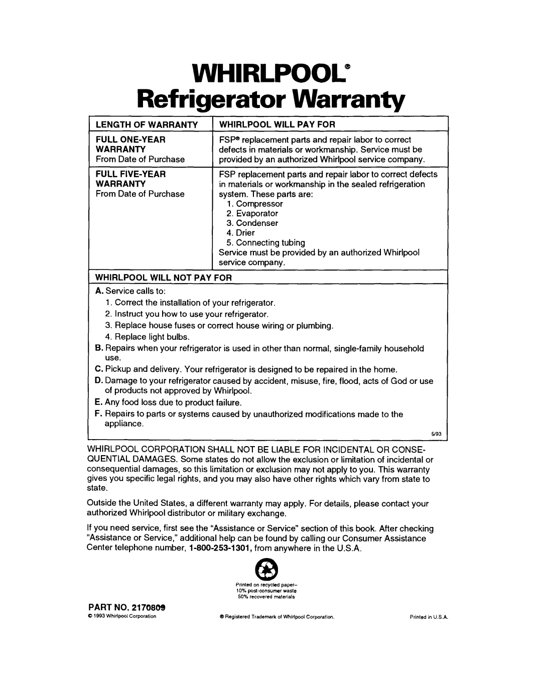 Whirlpool ET18GK warranty Refrigerator, Whirlpool”, Warranty 