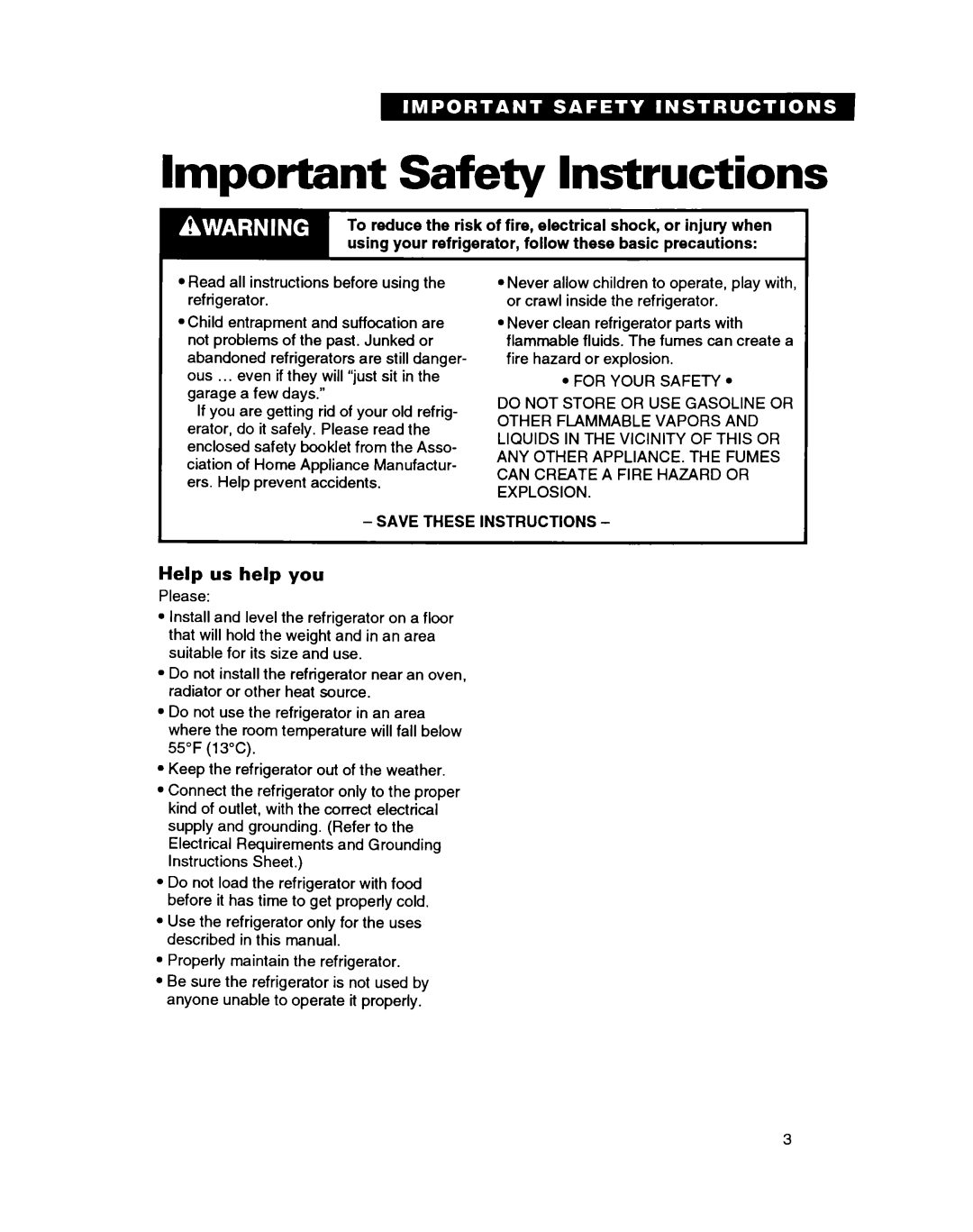 Whirlpool ET18GK warranty Important Safety Instructions, Help us help you 