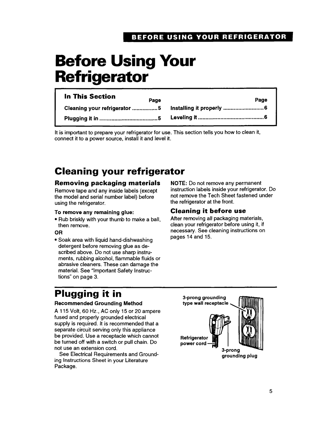 Whirlpool ET18GK warranty Before Using Your Refrigerator, Cleaning your refrigerator, Plugging it in, In This, Section 