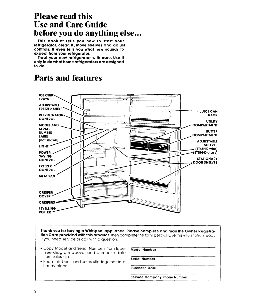 Whirlpool ET18HK, ETl8GK manual Before you do anything else, Parts and features 