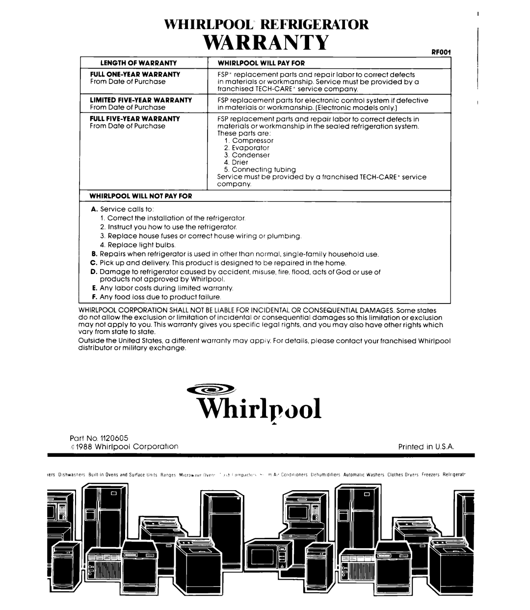 Whirlpool ET18HK, ETl8GK manual Whirlpool’ Refrigerator, WARRANTYaenn 