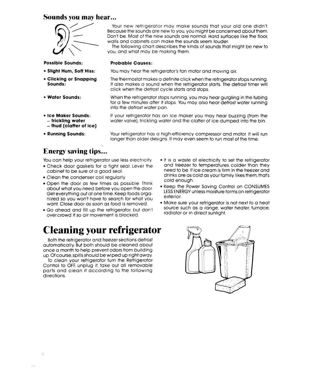 Whirlpool ET18HK, ETl8GK manual Cleaning your refrigerator, Sounds you may hear, Energy saving tips 