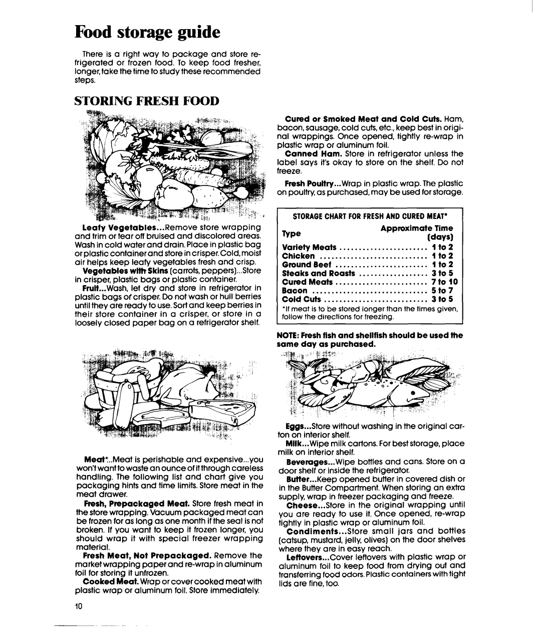 Whirlpool ET18HM manual Food storage guide, Storagechartforfreshandcuredmeat 