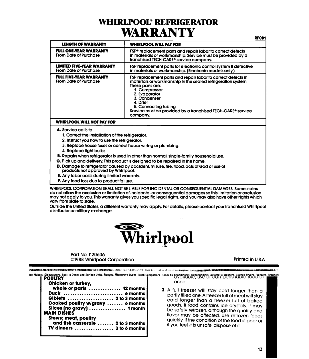 Whirlpool ET18HM manual WARRANTYRF00 