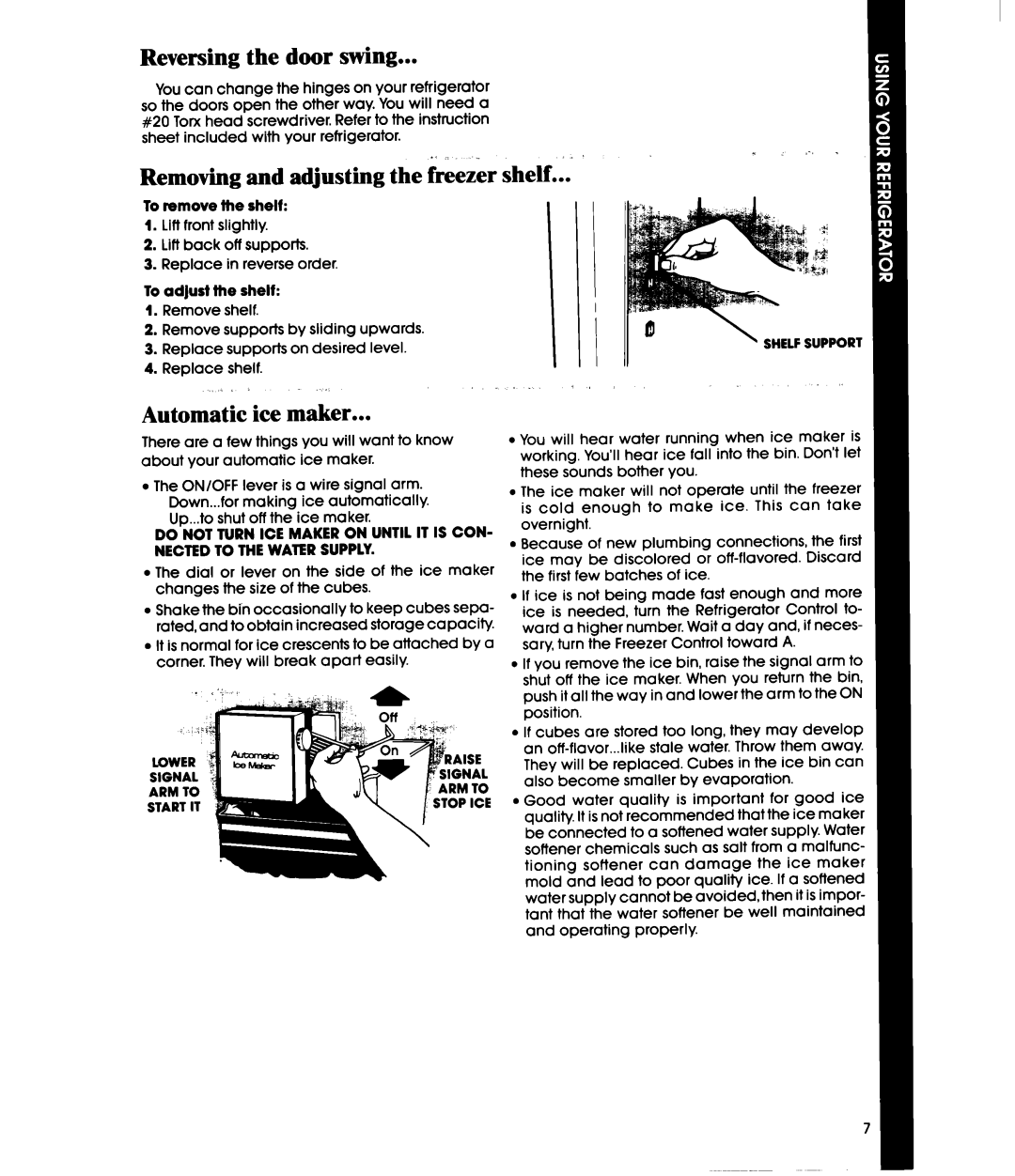 Whirlpool ET18HM manual Reversing the door swing, Removing and adjusting the freezer shelf, Automatic ice maker 