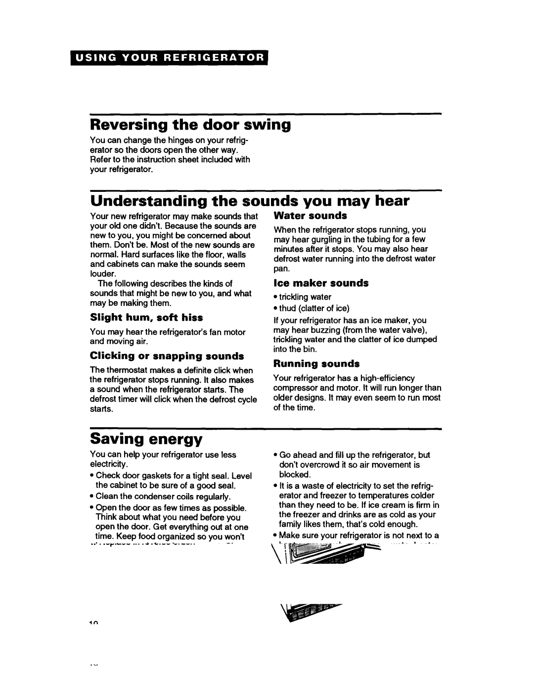 Whirlpool ET18HN warranty Reversing the door swing, Understanding the sounds you may hear, Saving energy 